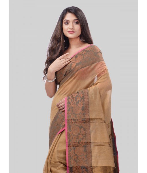 DESH BIDESH Women`s Cotton Handloom Cotton Silk Saree Gulab Work With Blouse Piece(Gold)